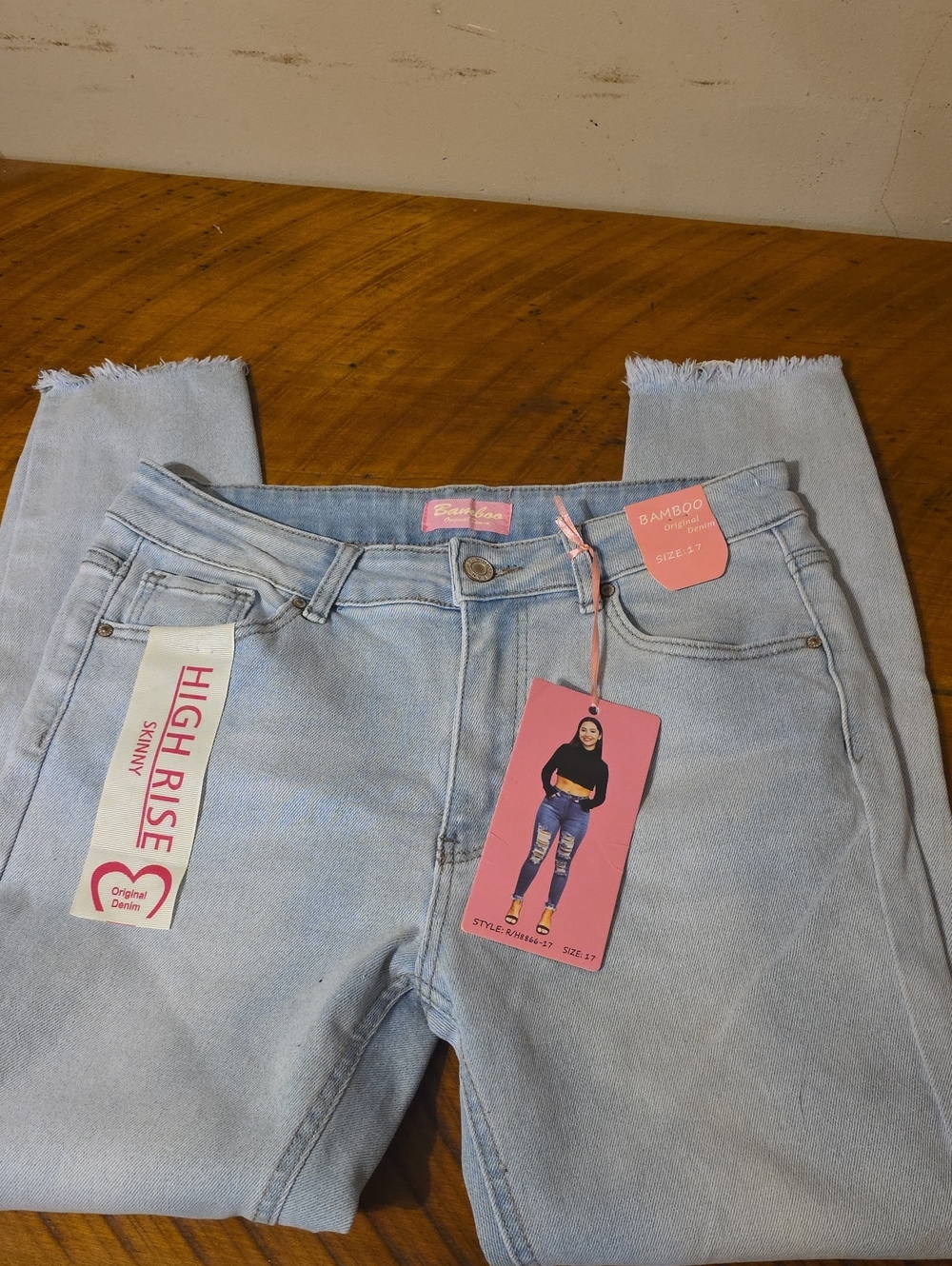BAMBOO Light Blue High-Rise Skinny Jeans with Raw Hem